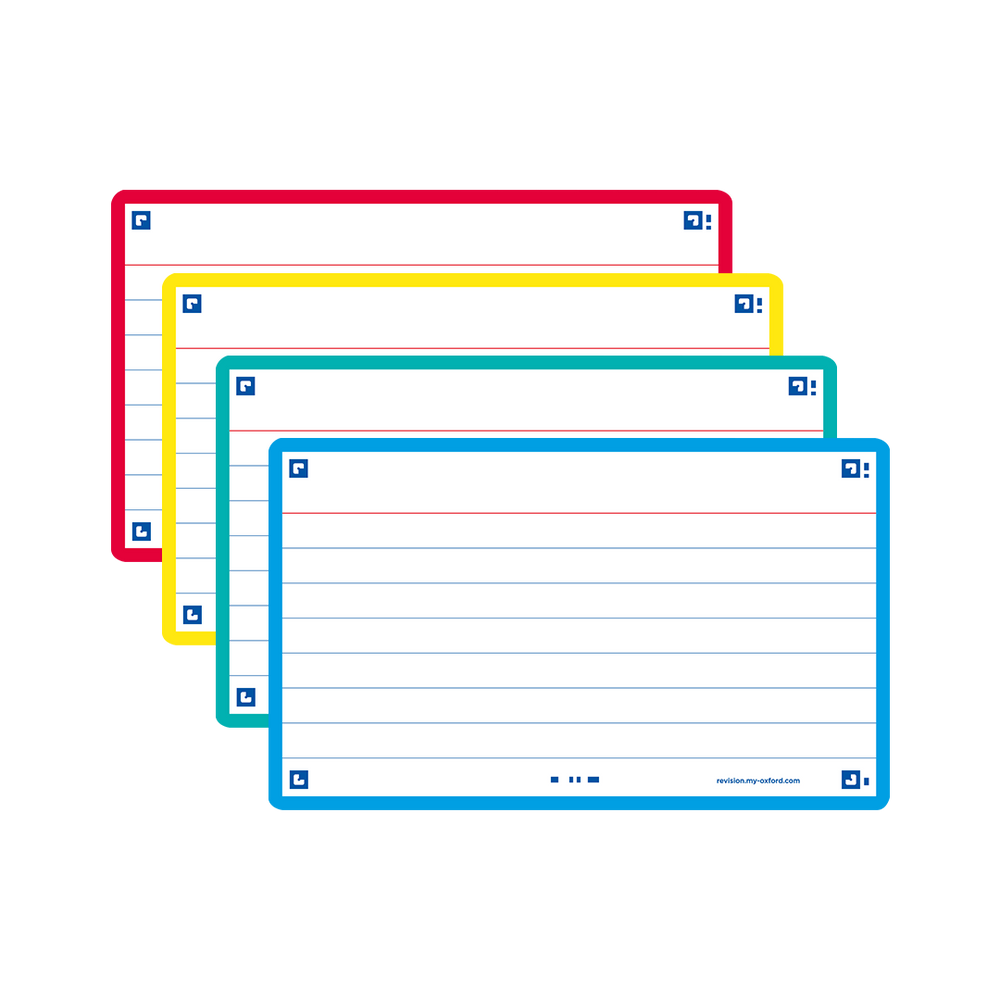 OXFORD FLASH 2.0 flashcards, ruled with 4 assorted colour frames (yellow, red, turquoise, mint), 75mm x 125mm, pack of 80